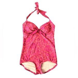 Boden US 10 Tie Front One Piece Swimsuit Pink Orange Halter Padded